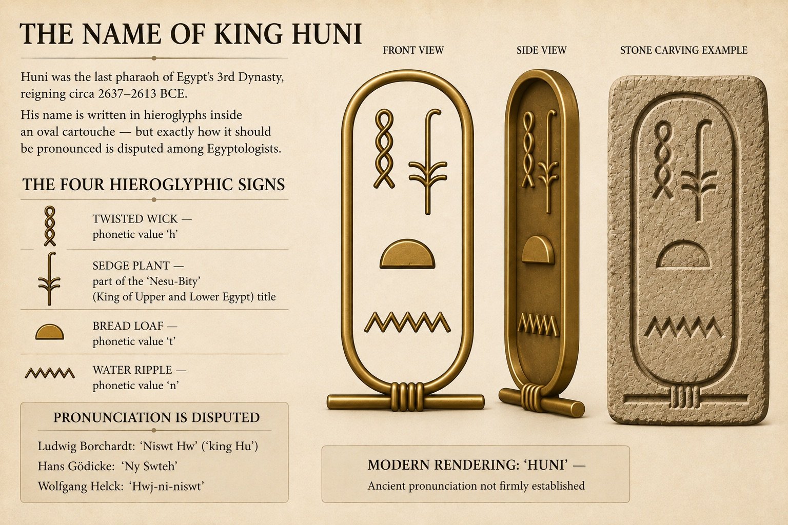 Diagram of the Old Kingdom-era hieroglyphic writing of Huni's name